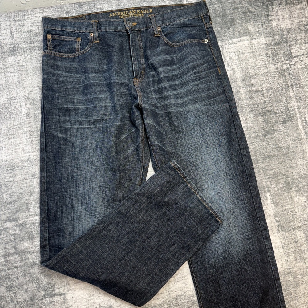 American Eagle Jeans Mens 36x36 (38x35) Dark Wash Relaxed Straight Y2K Whiskered